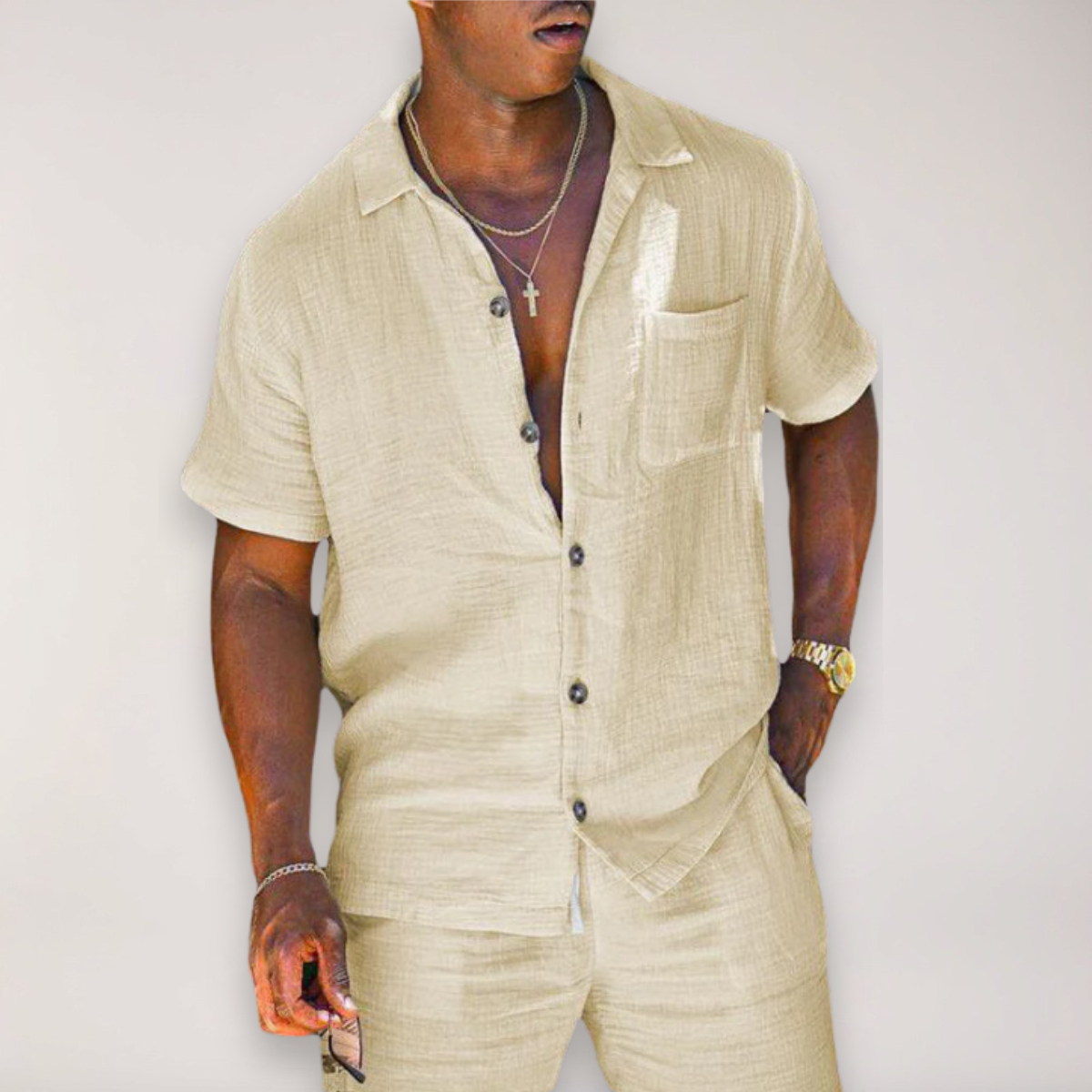 Linen Button-Down Shirt and Trousers Set for Men