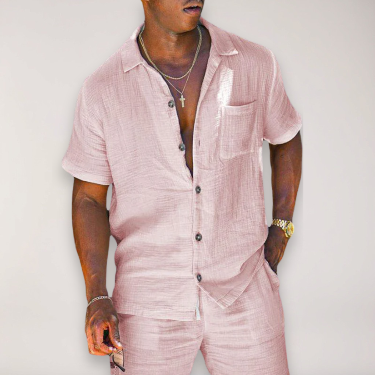Linen Button-Down Shirt and Trousers Set for Men