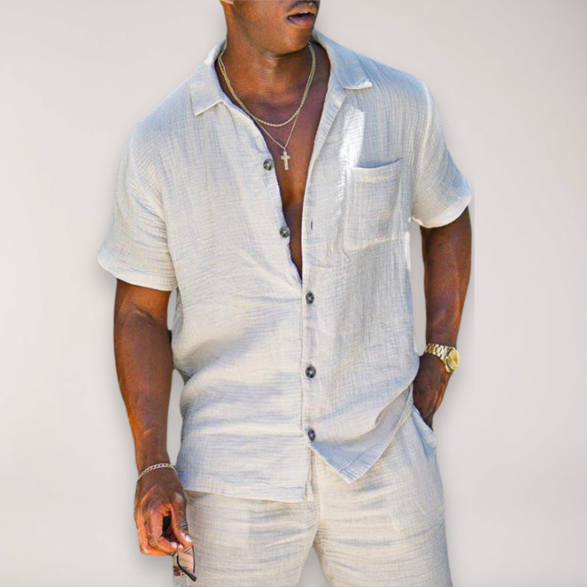 Linen Button-Down Shirt and Trousers Set for Men