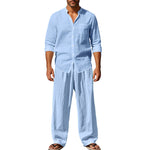 Linen Straight Leg Set with Stand Collar for Men