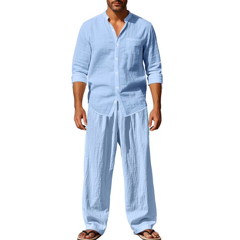 Linen Straight Leg Set with Stand Collar for Men