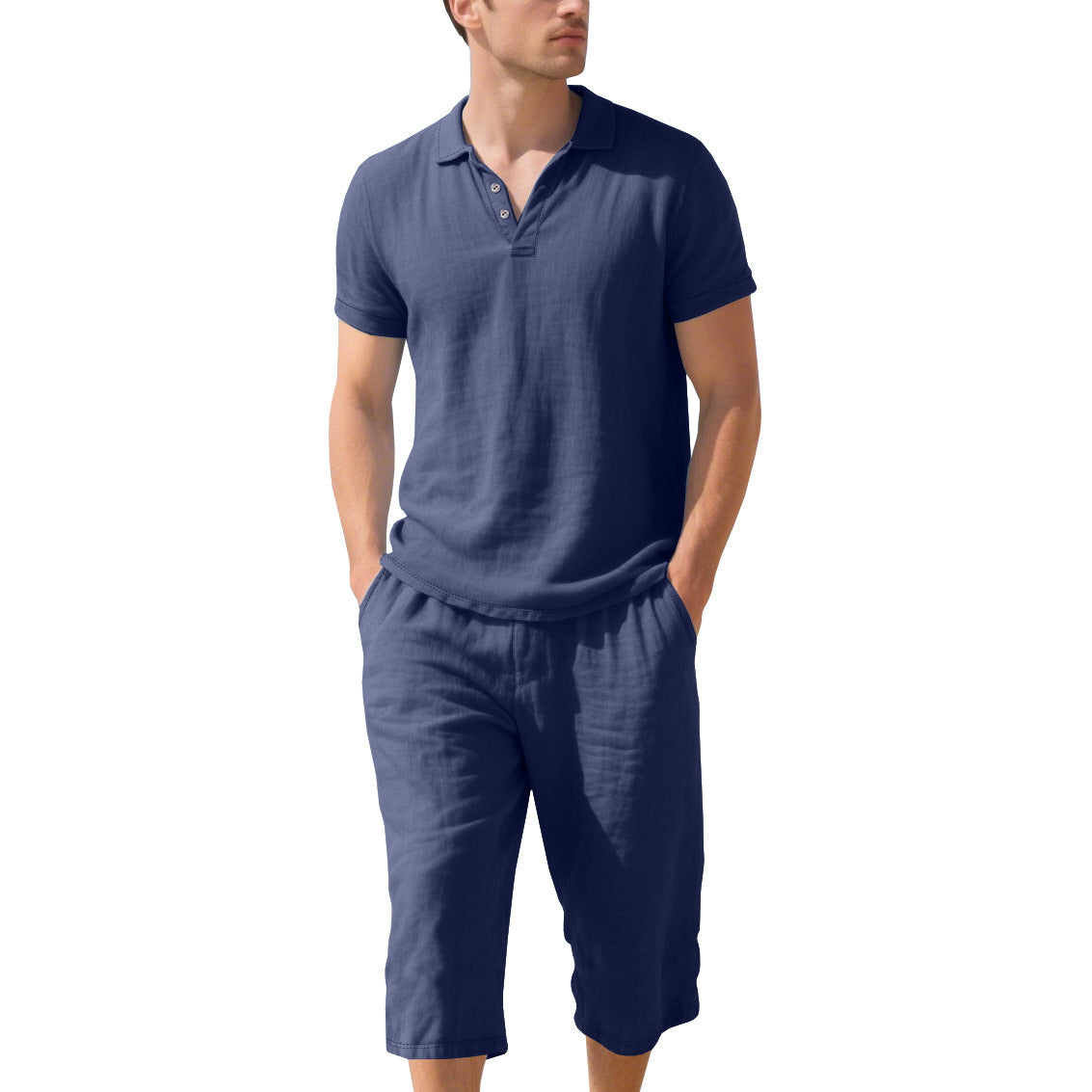 Linen Polo Shirt and Cropped Linen Shorts Set for Men