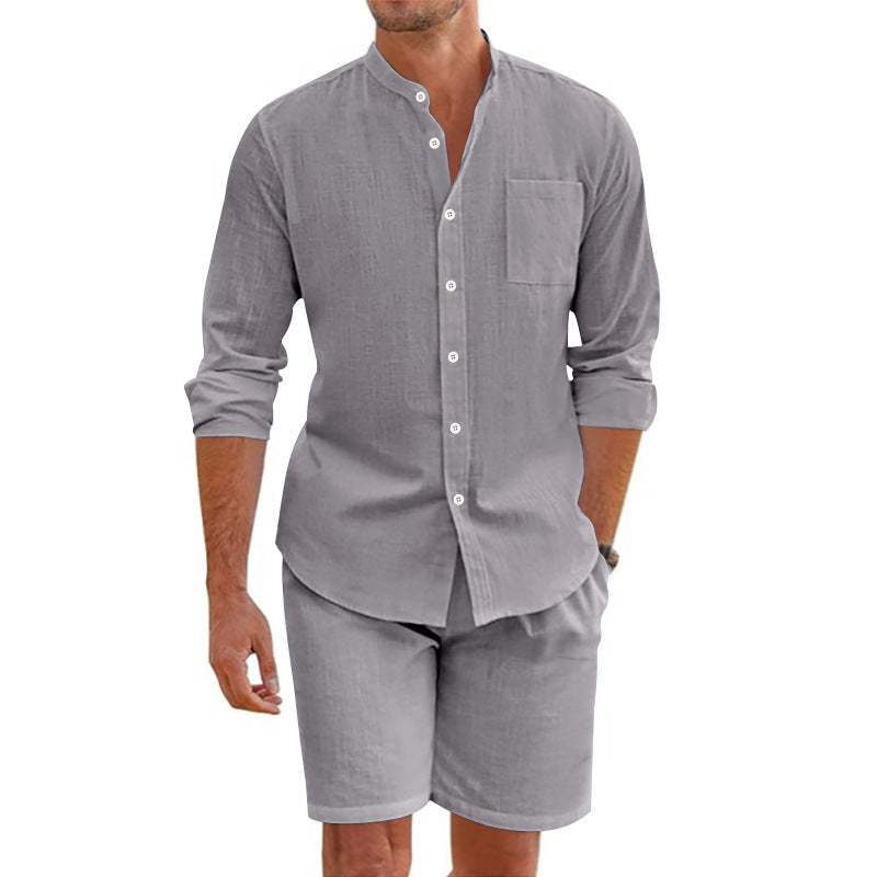 Linen Button-Down Shirt and Shorts Set for Men