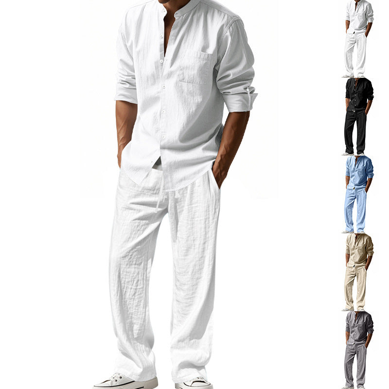 Linen Straight Leg Set with Stand Collar for Men