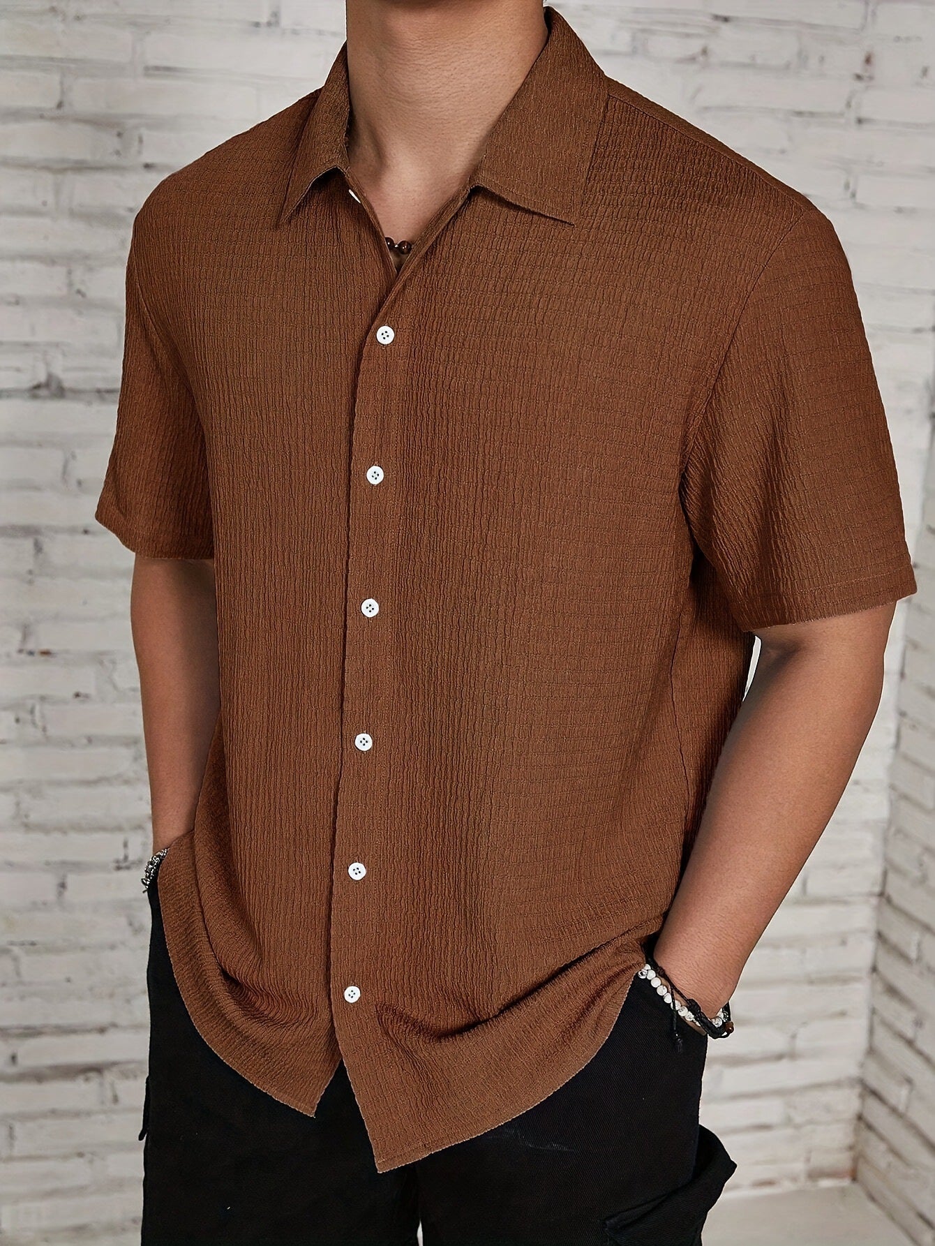 Textured Short Sleeve Cuban Collar Shirt for Men