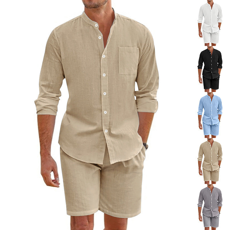Linen Button-Down Shirt and Shorts Set for Men