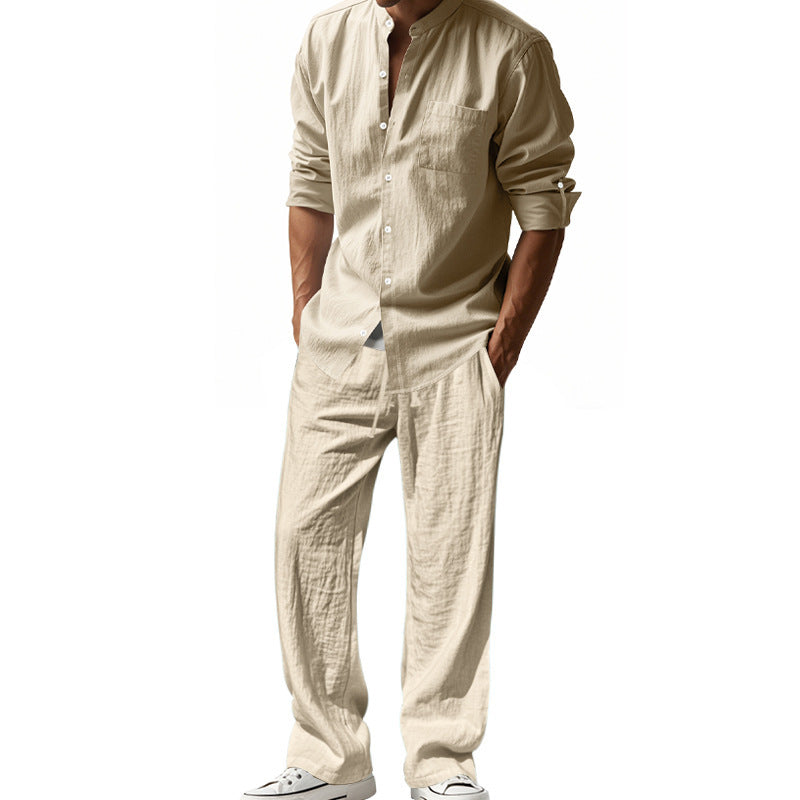 Linen Relaxed Fit Shirt and Straight Leg Trousers Set for Men