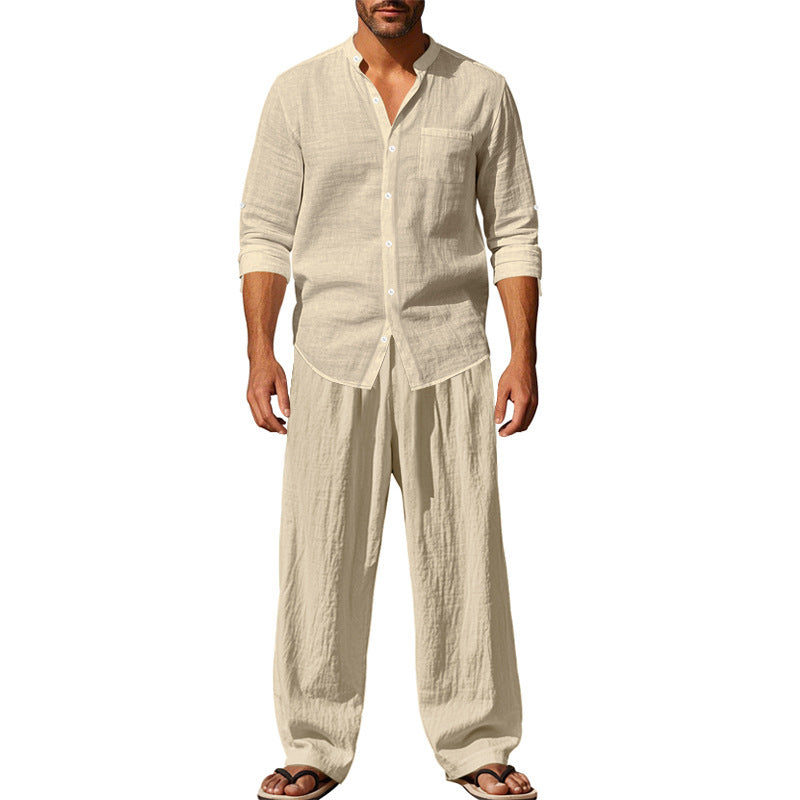 Linen Straight Leg Set with Stand Collar for Men