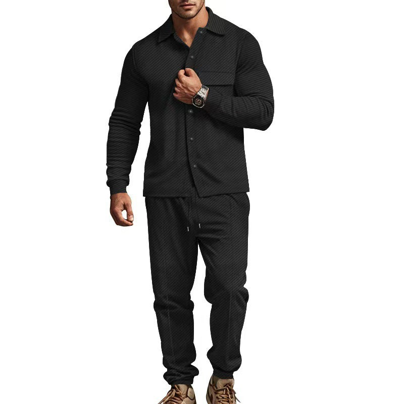 Ribbed Knit Button-Down Shirt and Jogging Trousers Set for Men