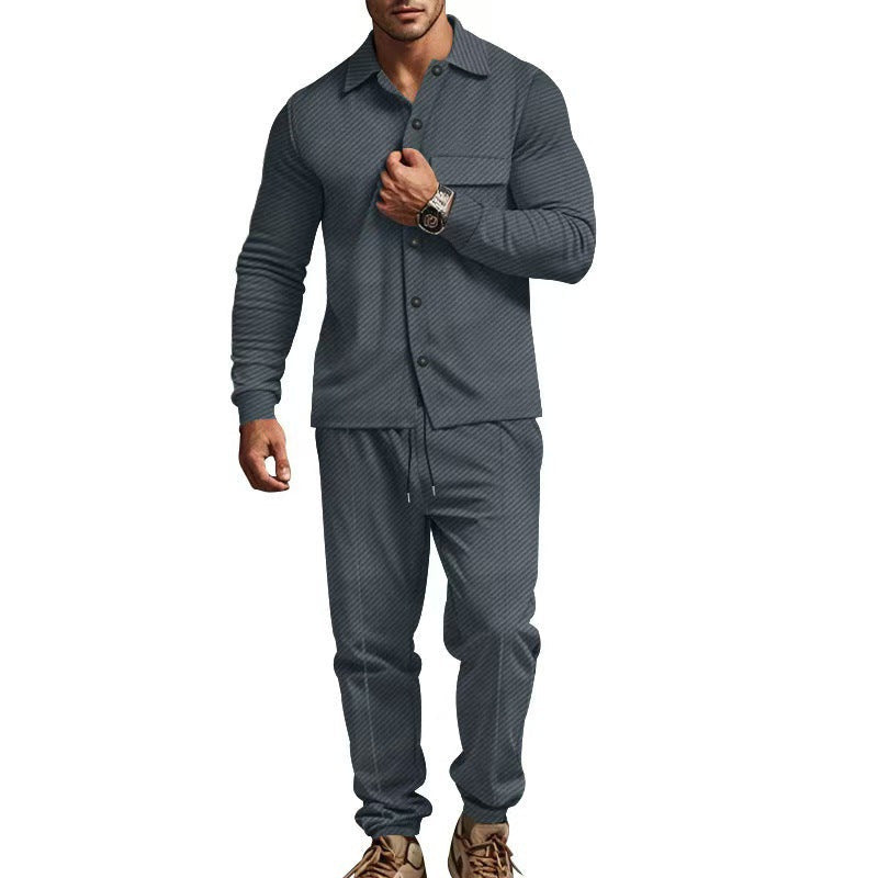 Ribbed Knit Button-Down Shirt and Jogging Trousers Set for Men