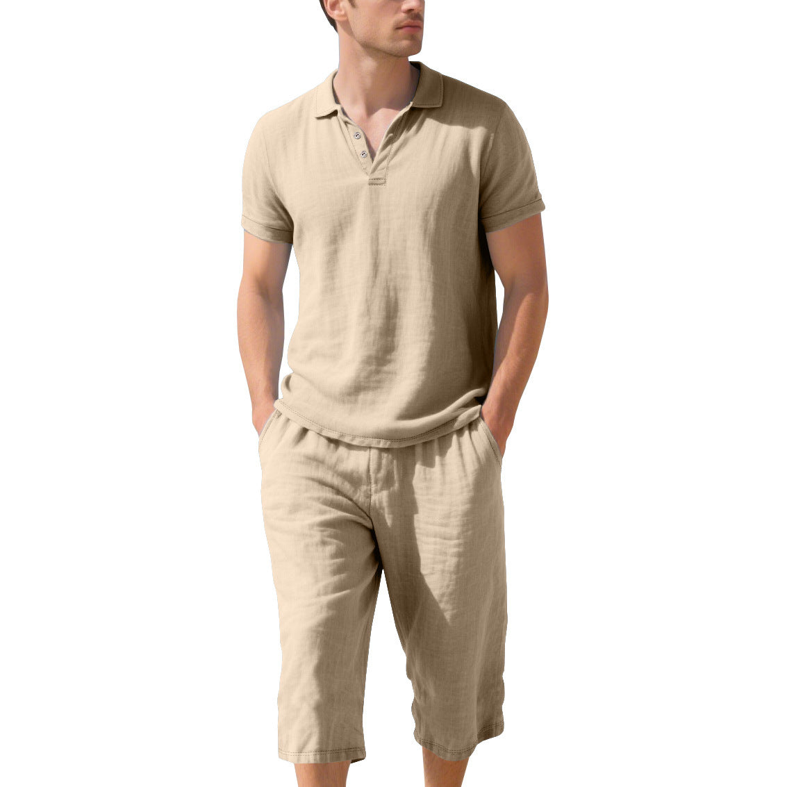 Linen Polo Shirt and Cropped Linen Shorts Set for Men