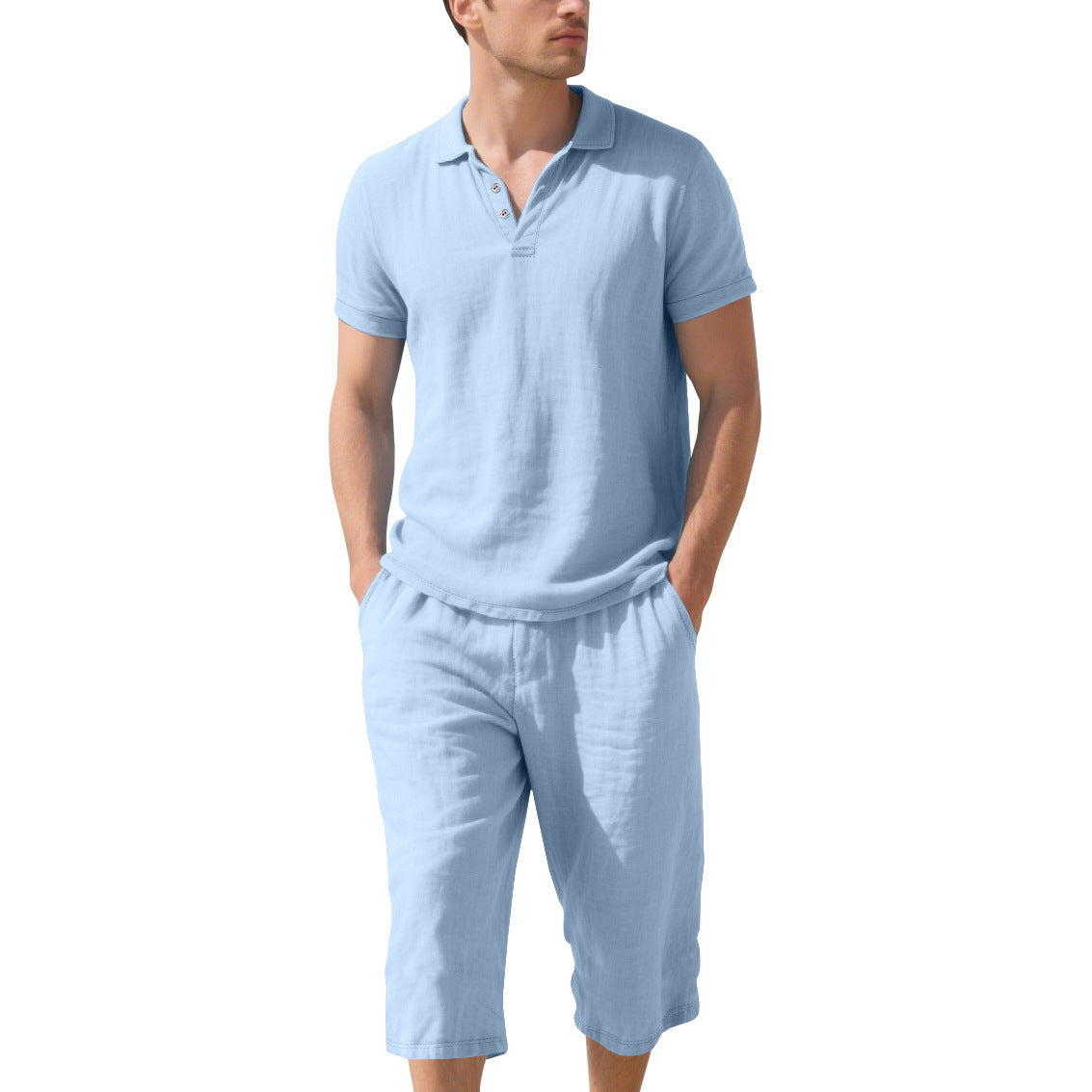 Linen Polo Shirt and Cropped Linen Shorts Set for Men