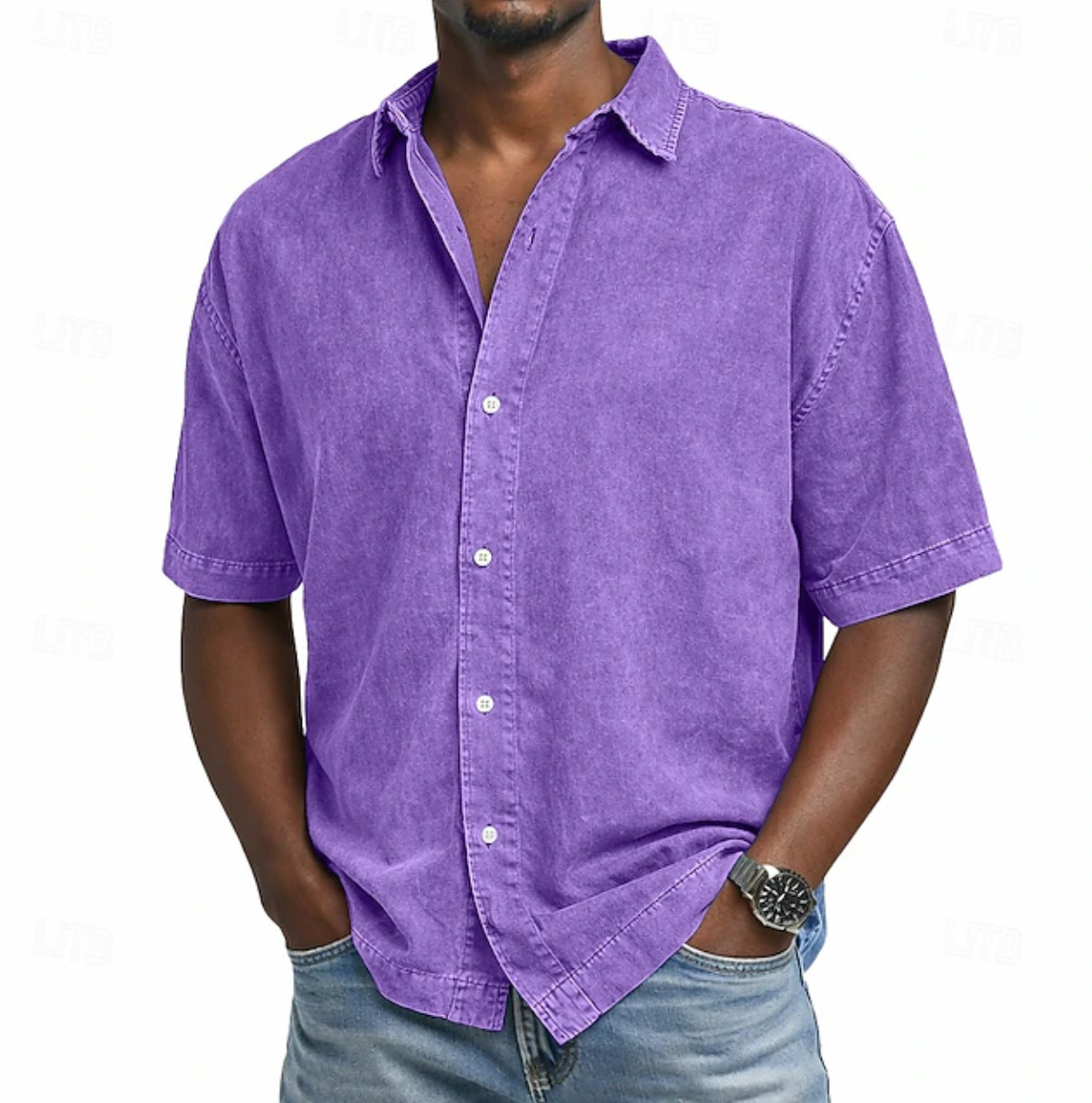 Short Sleeve Button-Down Denim Shirt for Men
