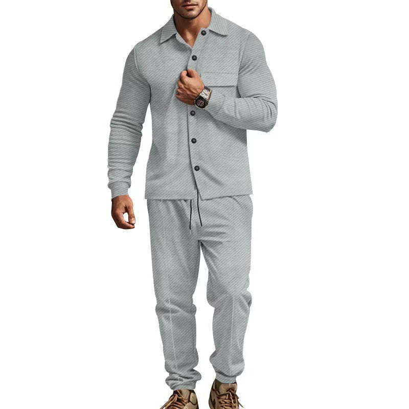 Ribbed Knit Button-Down Shirt and Jogging Trousers Set for Men