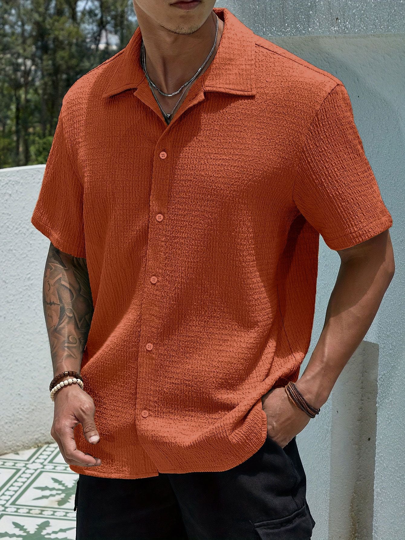 Textured Short Sleeve Cuban Collar Shirt for Men