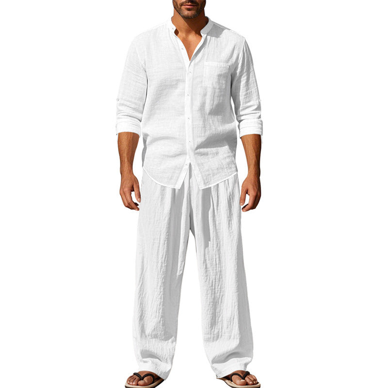 Linen Relaxed Fit Shirt and Straight Leg Trousers Set for Men