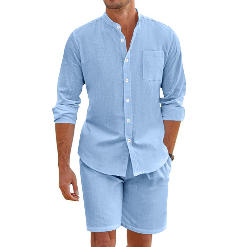 Linen Button-Down Shirt and Shorts Set for Men