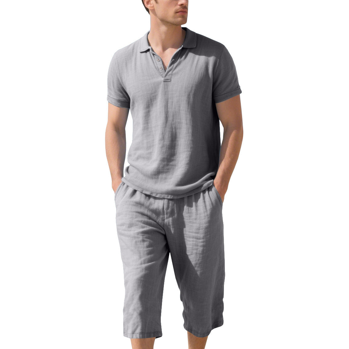 Linen Polo Shirt and Cropped Linen Shorts Set for Men