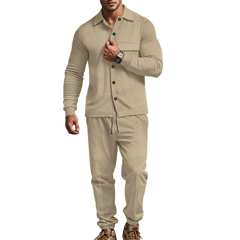 Ribbed Knit Button-Down Shirt and Jogging Trousers Set for Men