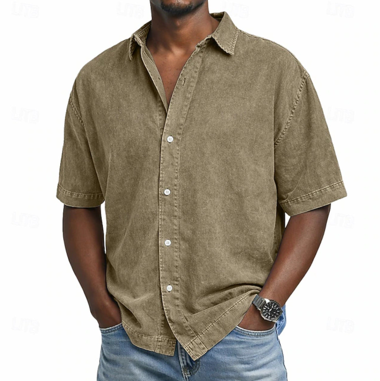 Short Sleeve Button-Down Denim Shirt for Men