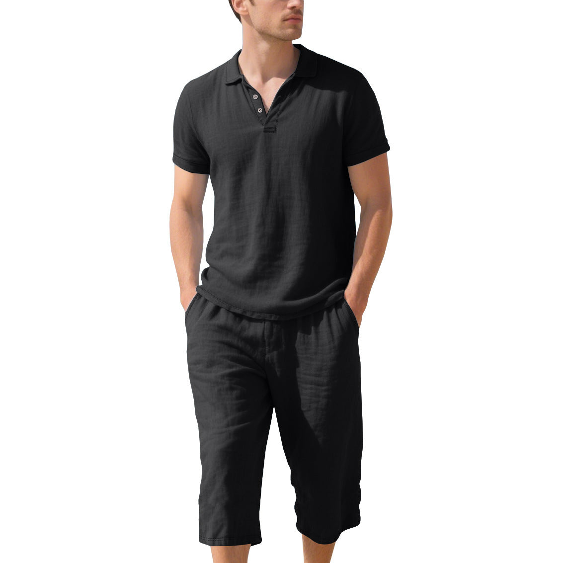 Linen Polo Shirt and Cropped Linen Shorts Set for Men