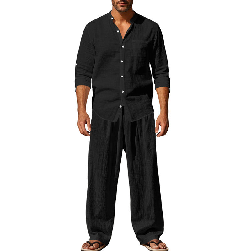 Linen Relaxed Fit Shirt and Straight Leg Trousers Set for Men