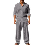 Linen Straight Leg Set with Stand Collar for Men