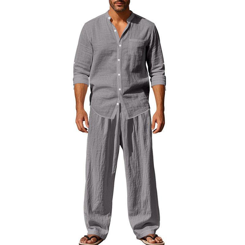 Linen Straight Leg Set with Stand Collar for Men