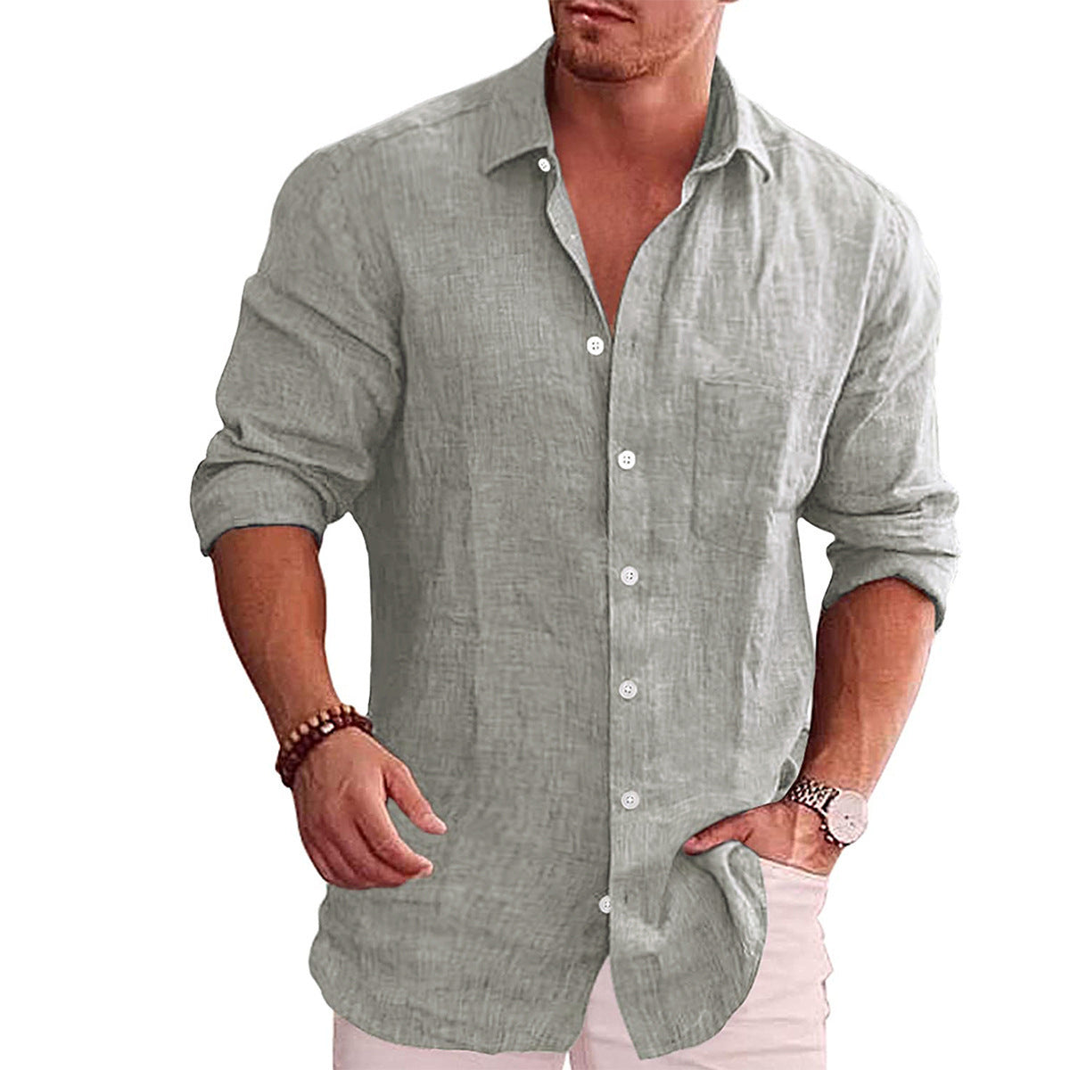 Linen Long Sleeve Collared Shirt for Men
