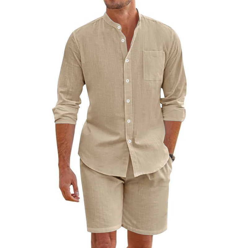 Linen Button-Down Shirt and Shorts Set for Men
