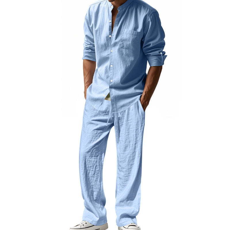 Linen Straight Leg Set with Stand Collar for Men
