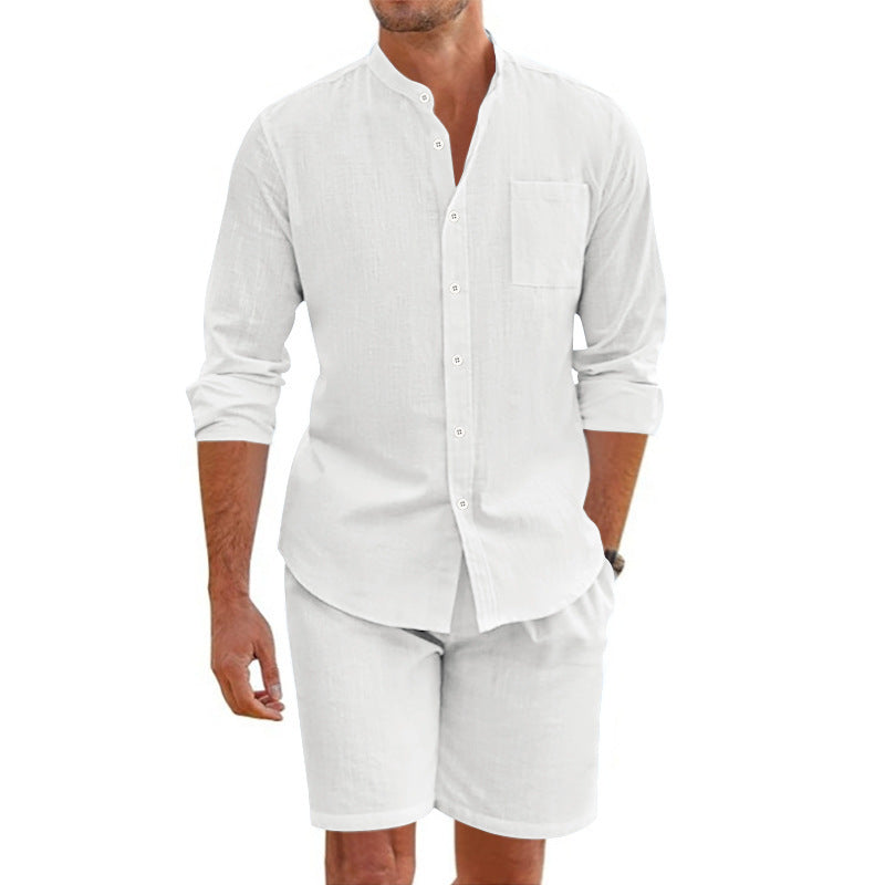 Linen Button-Down Shirt and Shorts Set for Men