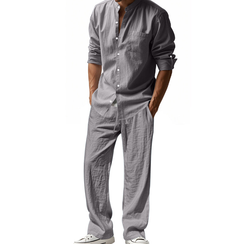 Linen Straight Leg Set with Stand Collar for Men