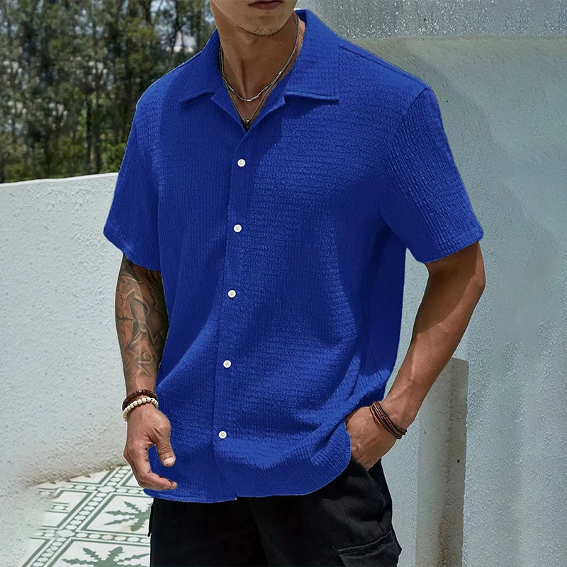 Textured Short Sleeve Cuban Collar Shirt for Men