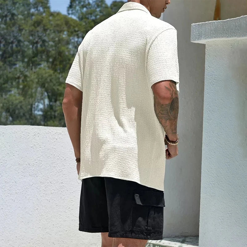 Textured Short Sleeve Cuban Collar Shirt for Men