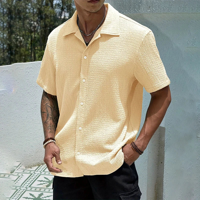 Textured Short Sleeve Cuban Collar Shirt for Men