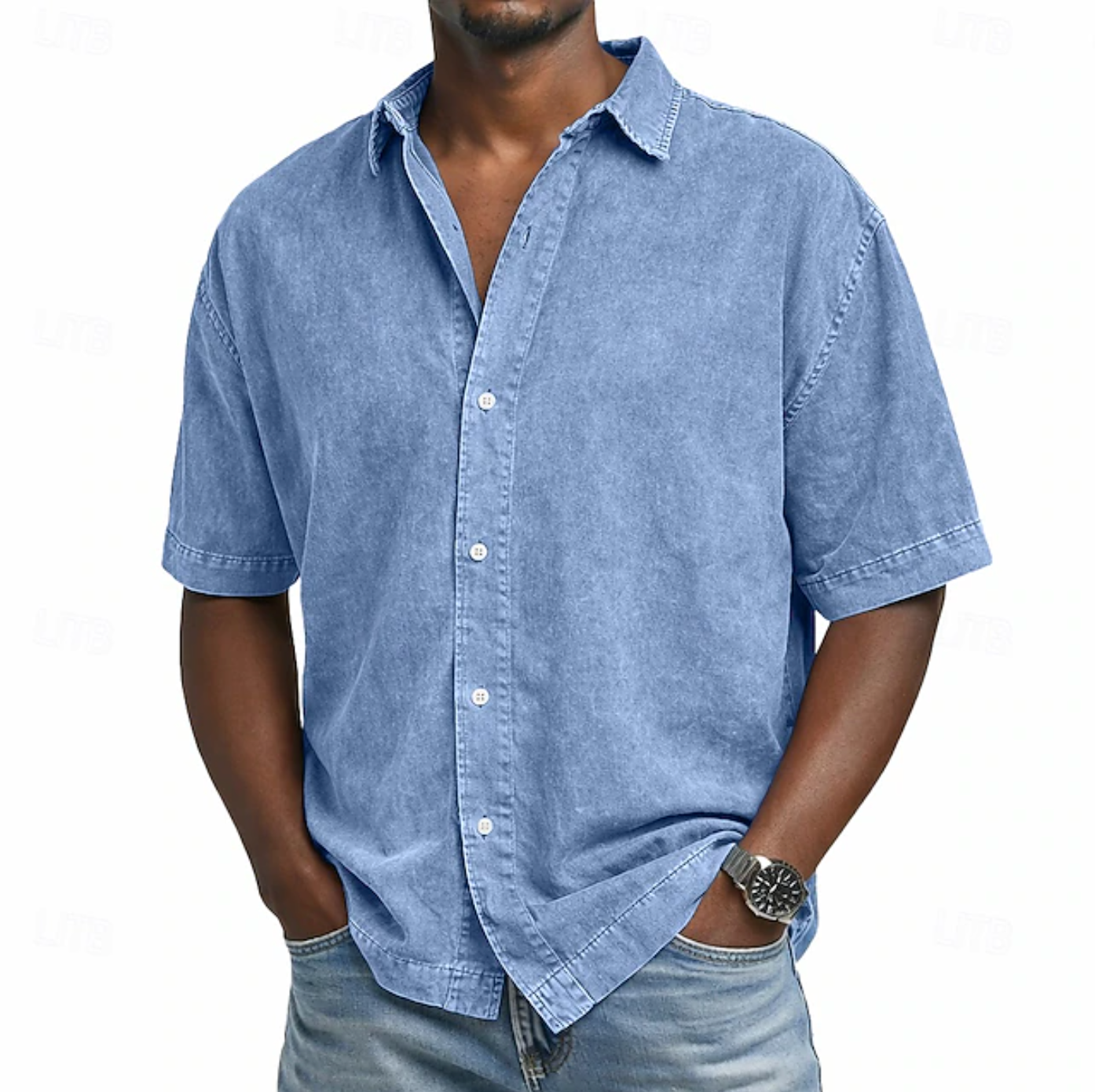 Short Sleeve Button-Down Denim Shirt for Men