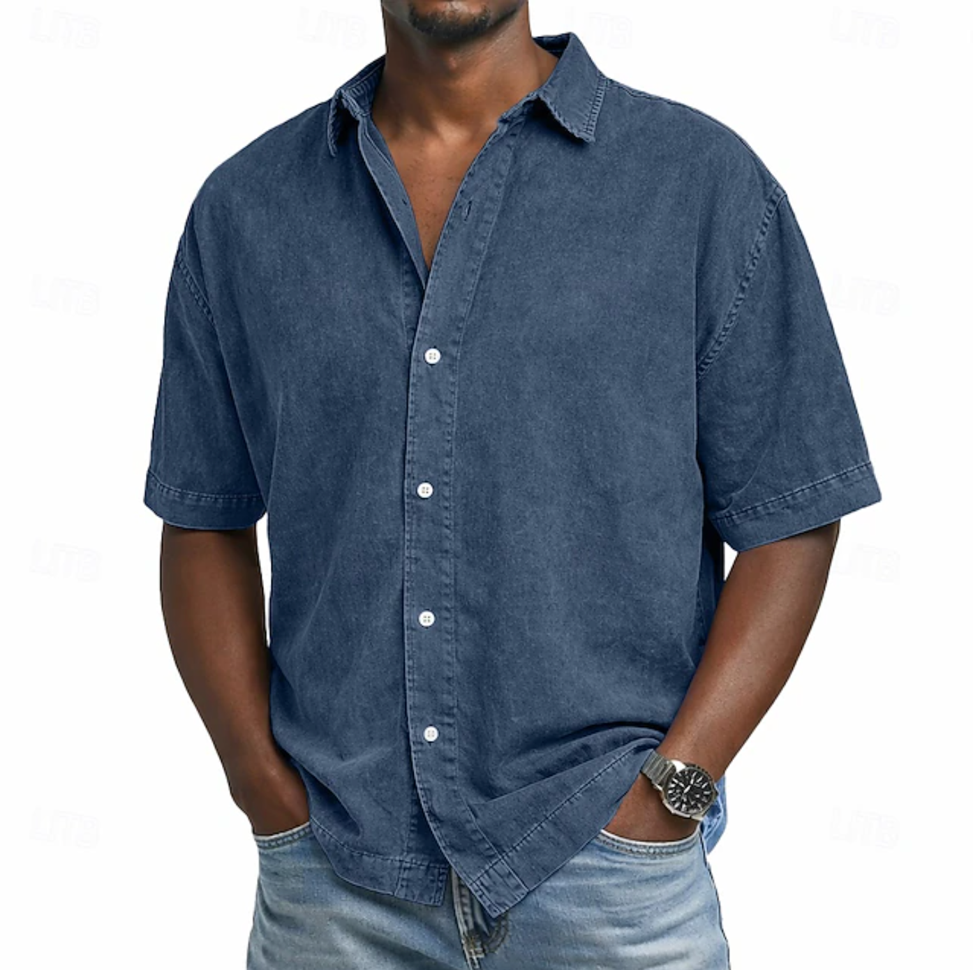 Short Sleeve Button-Down Denim Shirt for Men