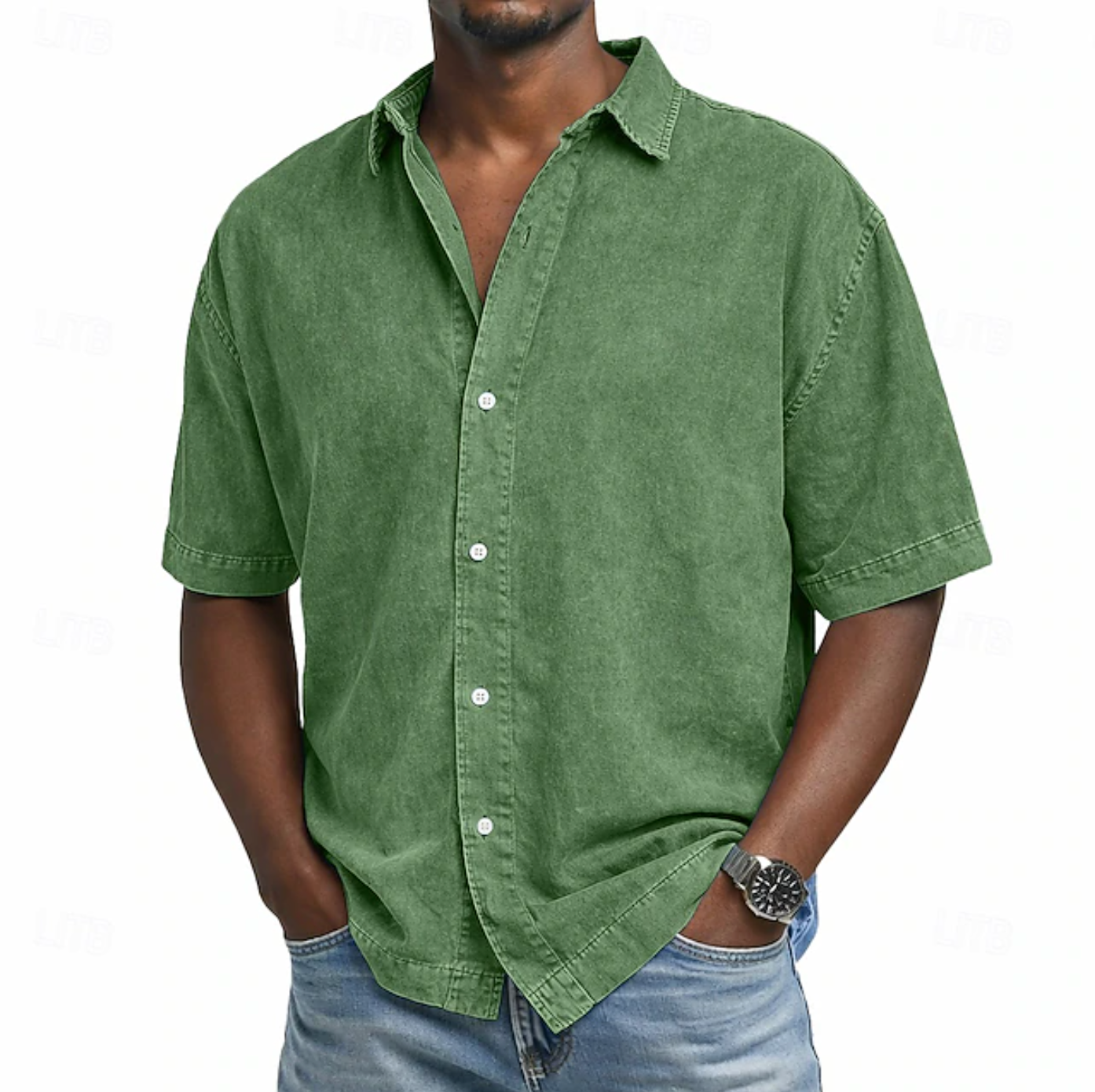 Short Sleeve Button-Down Denim Shirt for Men
