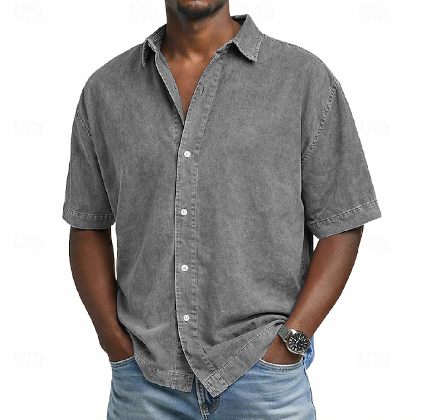 Short Sleeve Button-Down Denim Shirt for Men