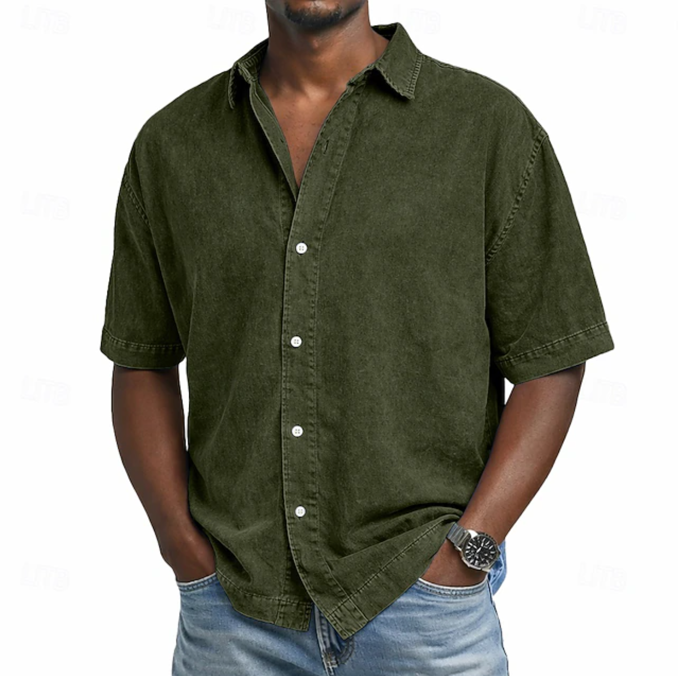 Short Sleeve Button-Down Denim Shirt for Men