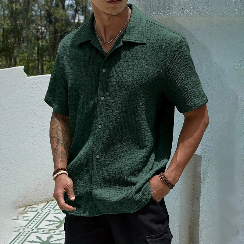 Textured Short Sleeve Cuban Collar Shirt for Men