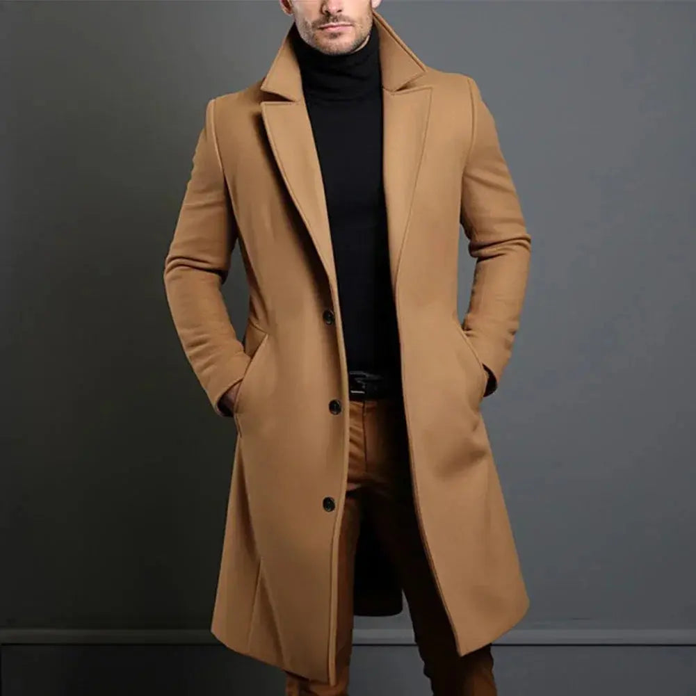 Long Wool Overcoat with Lapel Collar for Men