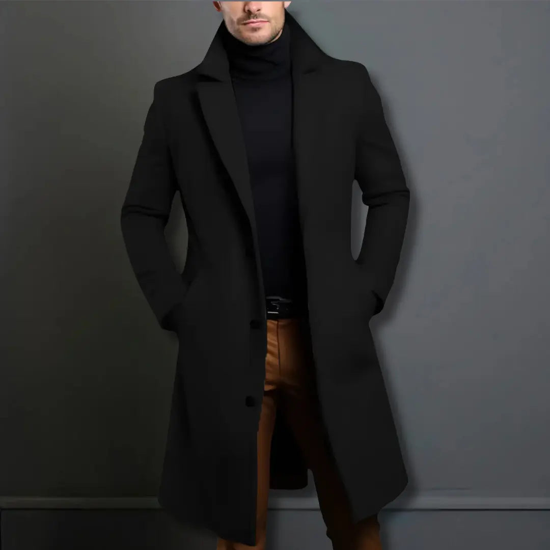 Long Wool Overcoat with Lapel Collar for Men