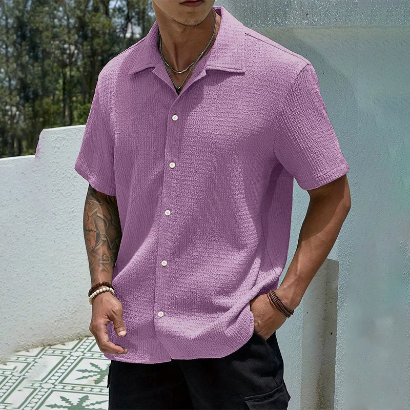 Textured Short Sleeve Cuban Collar Shirt for Men