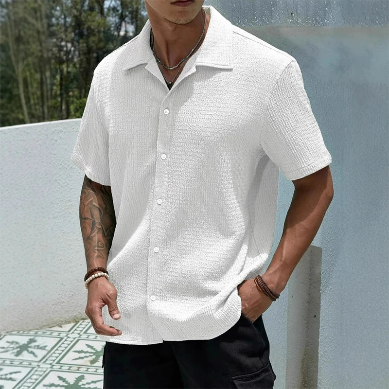 Textured Short Sleeve Cuban Collar Shirt for Men