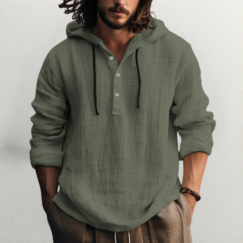 Linen Hooded Shirt with Button-Down Placket for Men
