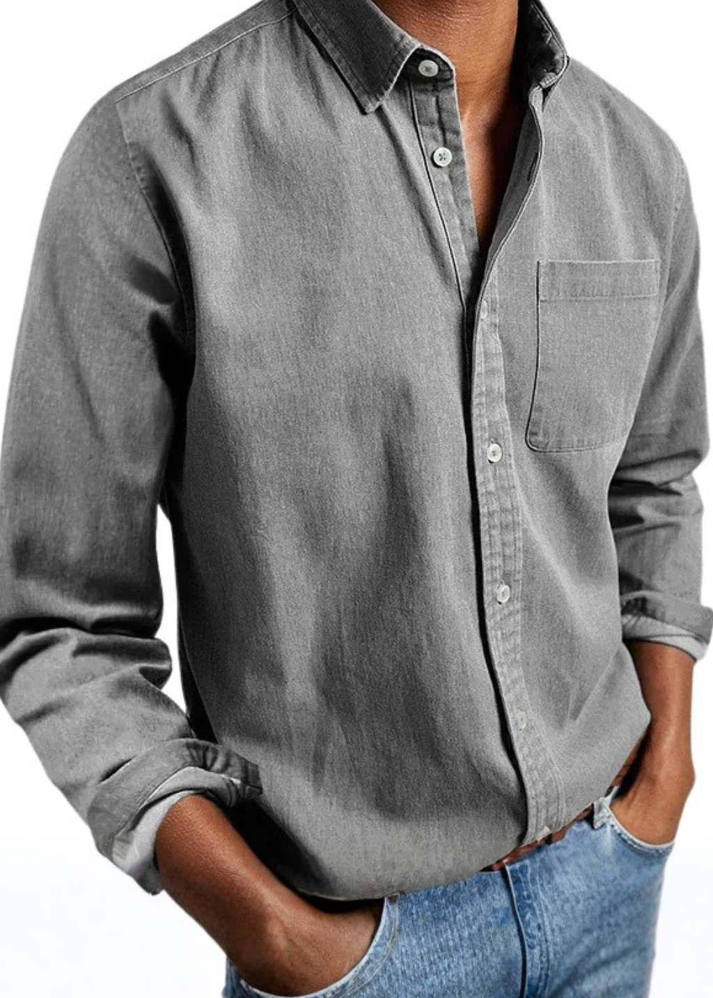 Denim Button-Down Shirt with Chest Pocket for Men