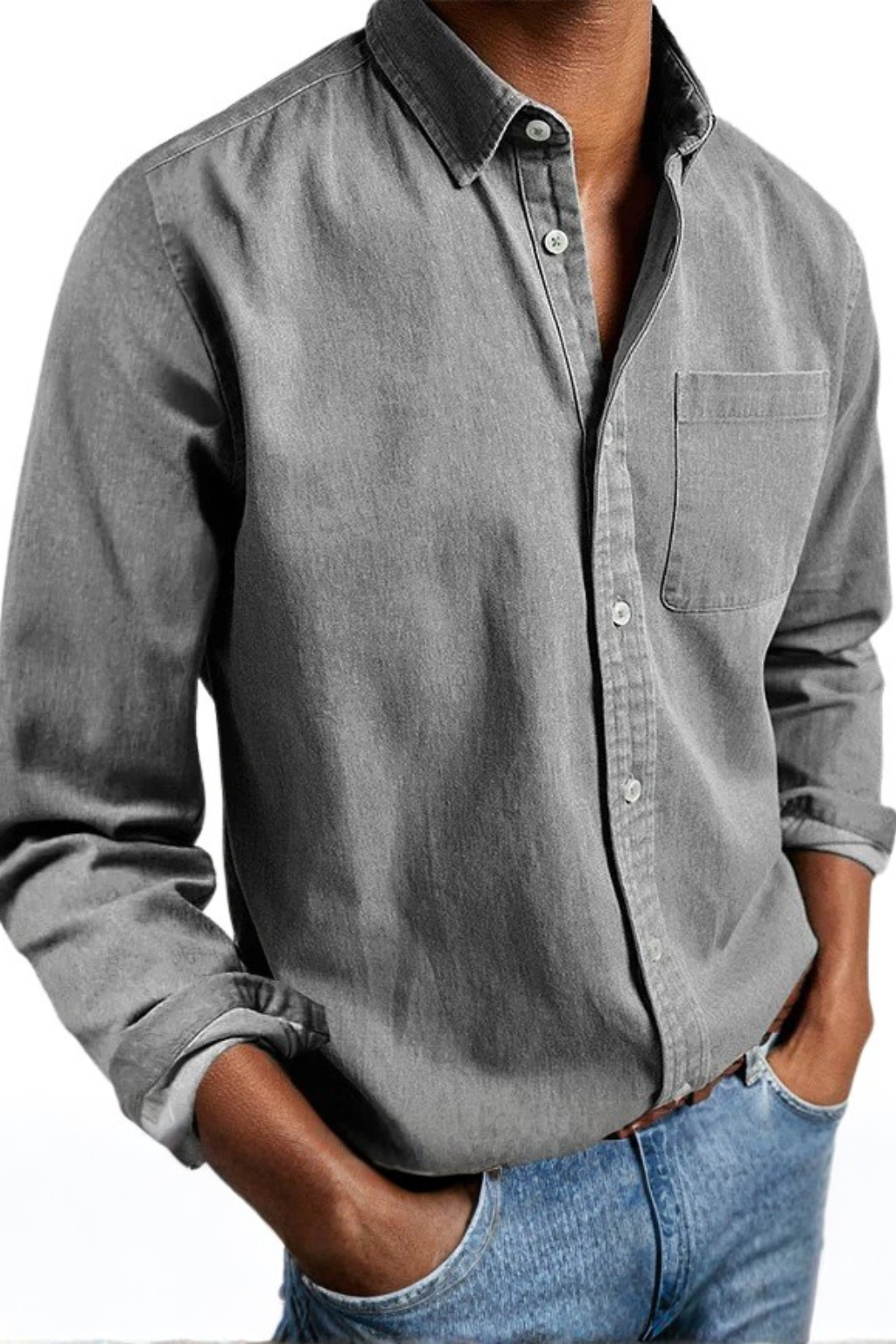 Denim Button-Down Shirt with Chest Pocket for Men