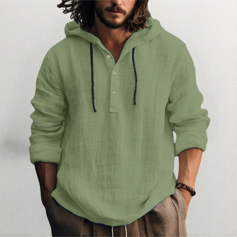 Linen Hooded Shirt with Button-Down Placket for Men